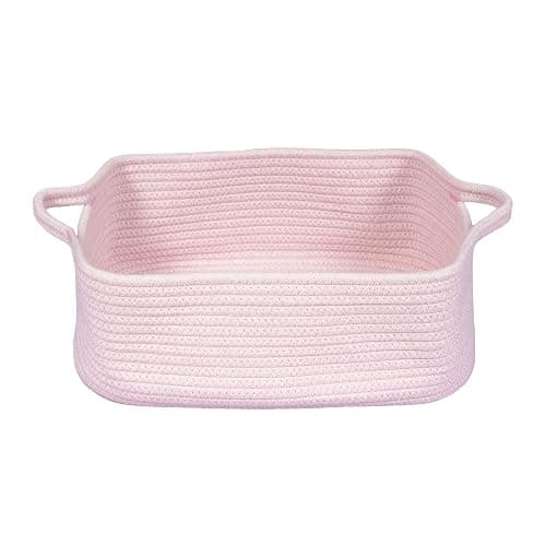 Woven Cotton Rope Storage Basket with Handles for Organizing Shelves Closet Small Cat Dog Pet Toy Baskets Box Bin Decorative Rectangle Baby Nursery basket Gift Basket Empty Light pink - Image 1