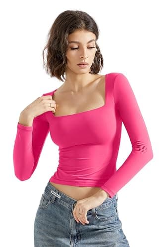 SUUKSESS Women Square Neck Long Sleeve Tops Double Lined Going Out T Shirts thumbnail 5