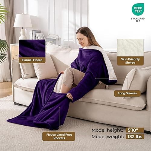 Kozyus Wearable Heated Blanket with Foot Pocket & Sleeves, Electric Blanket Heated Robe for Women & Men, 5 Heat Settings, 3H Auto-Off, Machine Washable, ETL Certified, Gift-Ready, 50x70 inches, Purple thumbnail 5
