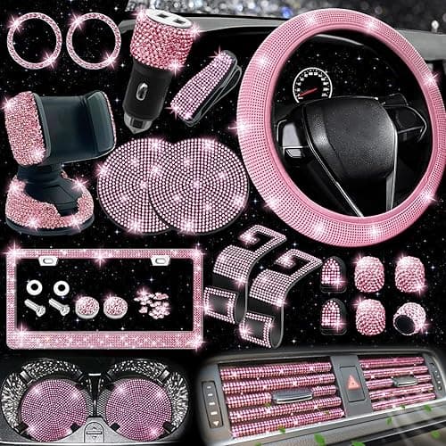 NBTEPEM 27-Piece Bling Car Accessories Set - Universal Fit Steering Wheel Covers, License Plate Frames, Phone Holder, Car Fast Charger, Coasters (Pink) - Image 1