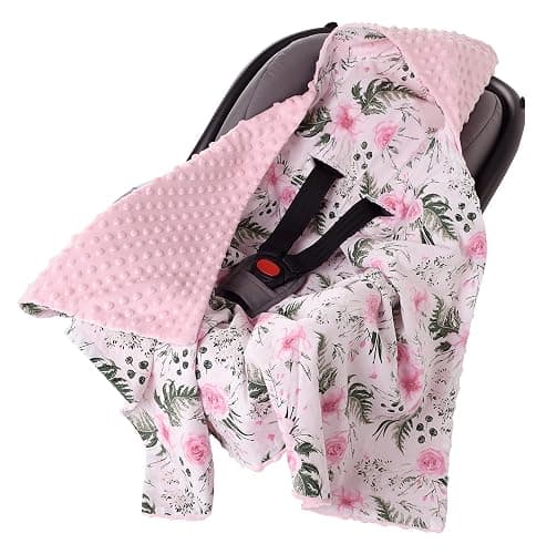 Medi Partners Einschlagdecke Baby Babyschale 100% Baumwolle für Sommer 85x85cm Kinderwagen Kuscheldecke universal Baby Decke Einschlagdecken Babydecke Buggy Autositz (Blument mit Hellrosa Minky) - Hellrosa Blument mit Hellrosa Minky - 85x85cm - Image 1