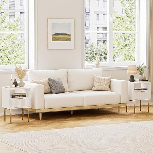 Masupu Nightstand,Mid-Century Modern Bedside Table with Storage Drawer and Open Wood Shelf,Small Gold Frame Side Table for Bedroom,Living Room,White thumbnail 7