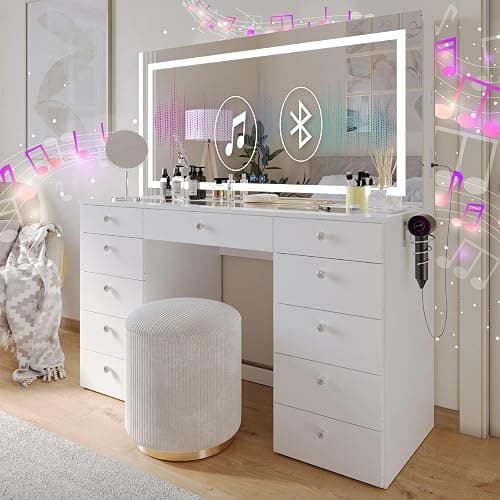 Boahaus Lydia Extra-Large Makeup Vanity Desk, Dimmable LED Mirror, Dual Bluetooth Speakers, 11 Drawers, USB-C & USB-A Ports, 110 V Outlet, Tempered Glass Top & Crystal Knobs - Image 1