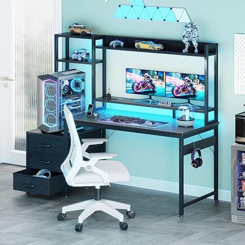 Casaottima 48 Inch Gaming Desk with Hutch & 3 Fabric Drawers, Computer Desk with USB Ports & LED Lights, Reversible Pc Gamer Table with Monitor Stand for Home Office, Carbon Fiber Black thumbnail 4