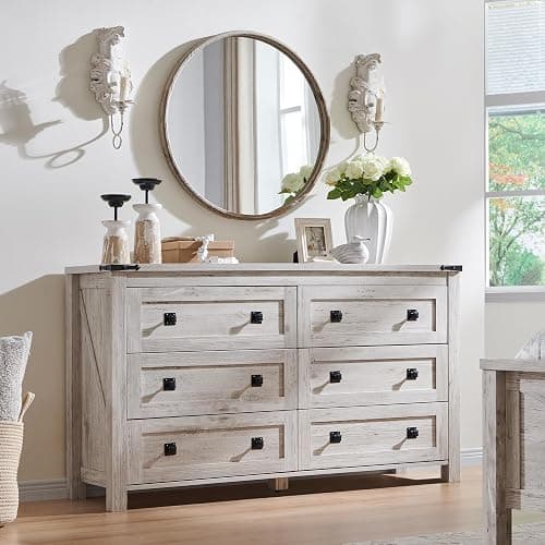 RedLemon Farmhouse 54" 6-Drawer Dresser for Bedroom, Antique Brush White | Rustic, Wood Storage Cabinet, Metal Handle, Unique Corner Accent, Bedroom, Living Room, Hallway thumbnail 3