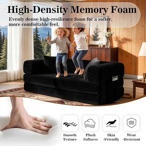 AUGOP Boneless Couch Folding Couches for Living Room Sofa, Futon Sofa Bed with Sleeper Sofa, Futon Couch with Fixed-Shape Oversized Corduroy Upholstered (Black, 81 Inches) thumbnail 4