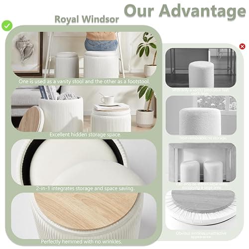 Royal Windsor Round Ottoman with Storage Set of 2,Vanity Stool with Storage for Bedroom, Ottoman Coffee Table,Small Velvet Foot Stool for Living Room, White thumbnail 7