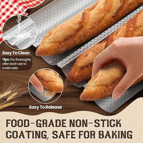 Pavsrmy Baguette Bread Pan, Premium Nonstick Perforated Baguette Pan for French Bread Baking, 4 Loaves Baguette Baking Tray for Sourdough, Italian Bread, Perfect for Creating Crisp Golden-Brown Crust thumbnail 4