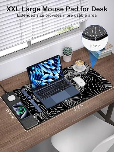 TopMade Mouse Pad with 15W Fast Wireless Charging, 31.5"x15.75" XXL Large Gaming Waterproof Desk Pad with Ultra-Smooth Surface, Non-Slip Base, Computer Desk Mat, Black Topographic Map #2 thumbnail 3