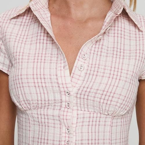Women's Plaid Button Down Shirt Y2K Short Sleeve Vintage Blouse Top thumbnail 5