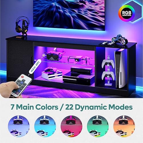 Bestier 145 CM LED TV Stand for 55/60 / 65 Inch TVs Gaming Entertainment Center with Cabinet for PS5 Modern TV Cabinet with Adjustable Glass Shelves for Living Room Bedroom - 145CM - Black Carbon Fiber thumbnail 3