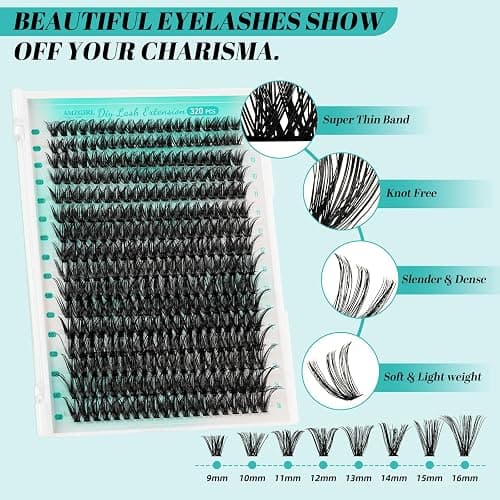 Lash Clusters Kit 320Pcs,50D Eyelash Extension Kit,Lash Bond and Seal Waterproof,Lash Remover for Individual Cluster Lashes Kit,Lash Applicator Tool for DIY Lash Extension Kit(D-Mix9-16mm Kit) thumbnail 3