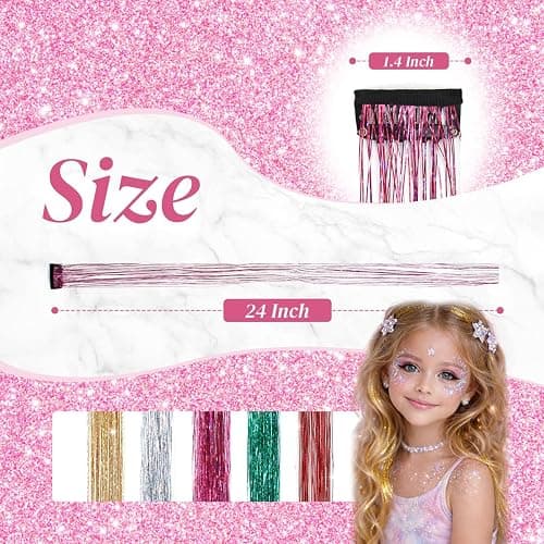 Plenday Hot Pink Hair Tinsel Clip In,18Pcs 24 Inch Fairy Hair Accessories | Beginners Friendly,Heat Resistant,Glitter Hair,Back to School Birthday Stage Party, Gift Festival,Cosplay,Women/Girls/Teen thumbnail 4