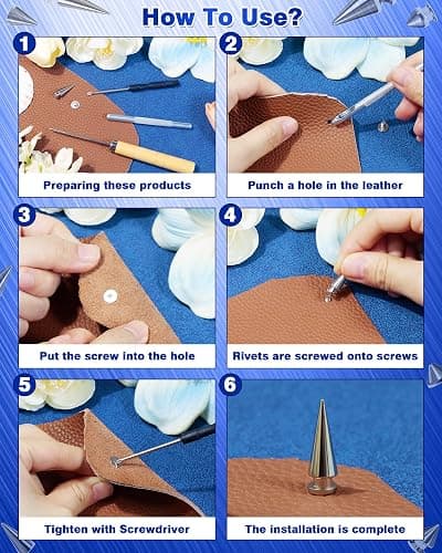 840Pcs FIVEIZERO Punk Studs and Spikes Kit for Leather Craft & Clothing | 12 Sizes Metal Spikes and Studs, Square Pyramid Studs & Round Dome Rivets, Durable & Easy to Install thumbnail 4