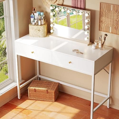 SUPERJARE 39.4" White Desk with 2 Drawers, Modern Makeup Vanity Desk, Small Computer Desk Home Office Desk for Writing Study Bedroom thumbnail 2