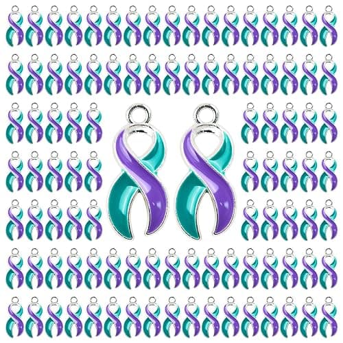 WANDIC 100 Pcs Metal Ribbon Pendants, 3D Alloy Cancer Awareness Ribbon Charms Hope Faith Ribbon Pendants for Necklace Earrings Jewelry Making, Iron, No Gemstone - Image 1