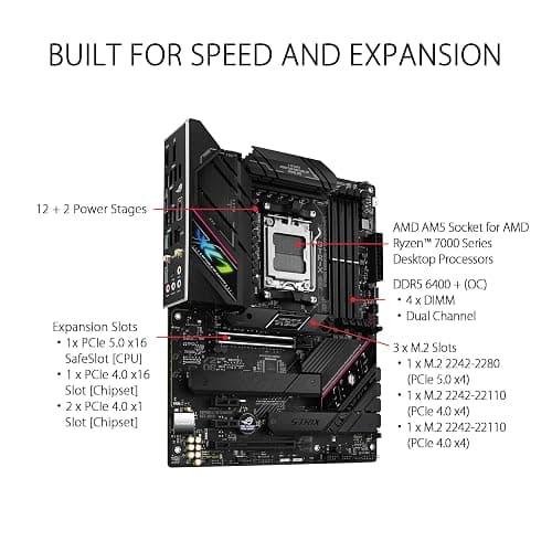 ASUS ROG Strix B650E-F Gaming WiFi AMD Ryzen AM5 ATX motherboard, 12 + 2 power stages, DDR5, three M.2 slots, PCIe 5.0, WiFi 6E, 2.5G LAN, USB 3.2 Gen 2x2 Type-C port, and Aura Sync RGB thumbnail 2