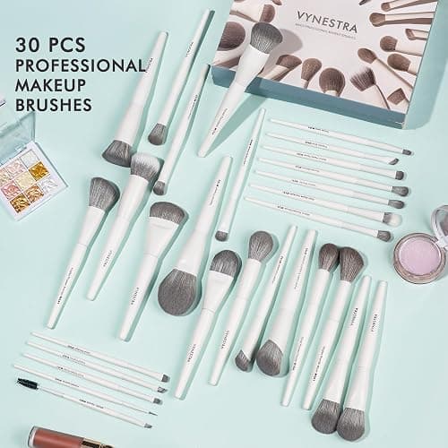 Vynestra 30 Pcs Pro Grade Makeup Brushes Set with Dense Ultra Soft Bristle | White Elegant Design Luxury Make up Brushes for Foundation,Face Blending Powder,Contour,Bronzer,Highlight,Concealer,Eyeshadow thumbnail 2