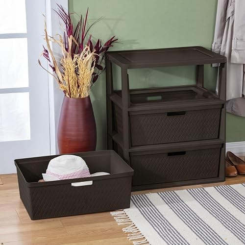 CNEIESD 3-Drawer Wide Weave Plastic Decor Drawer Tower – Brown, Pull Handles, Concealed Storage thumbnail 2