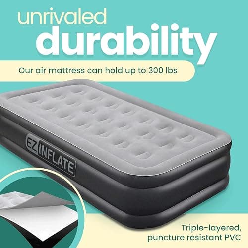 EZ INFLATE Air Mattress with Built in Pump - Twin Size Double-High Inflatable Mattress with Flocked Top - Easy Inflate, Waterproof, Portable Blow Up Bed for Camping & Travel thumbnail 3