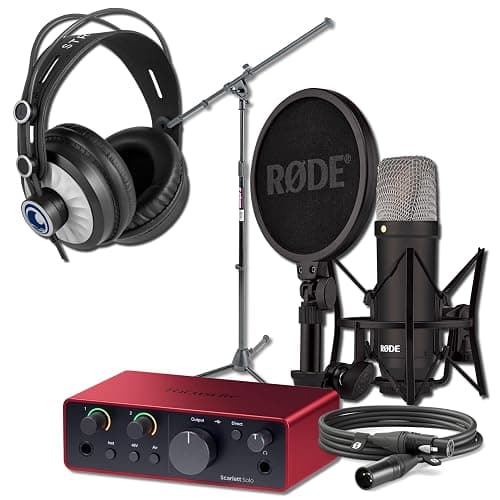 Rode NT1 Signature Series Black Recording Bundle with Focusrite Scarlett Solo Interface, StreamEye Cans50 Headphones, and On-Stage MS7701B Floor Stand — 4 dBA Self-Noise, 48V Phantom Power, Air Mode - Image 1