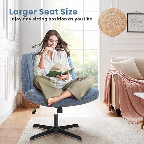 DUMOS Criss Cross Legged Chair Wide Comfy Home Office Desk Seat, No Wheels Armless Computer Task Seating, Swivel Vanity Chair Height Adjustable for Makeup Bedroom, Fabric Blue thumbnail 3