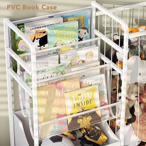 BBLIKE Kids Bookshelf and Stuffed Animal Storage - Multi-Function Nursery Book Shelves with Leather Toy Box and PVC Book Display, Toy Organizer for Playroom, Bedroom, Nursery, White thumbnail 6