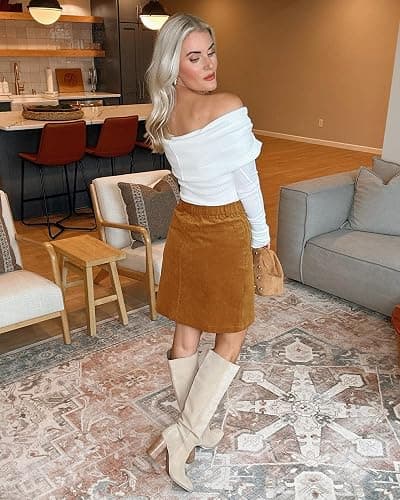 luvamia Corduroy Skirts for Women High Waisted Trendy Fall Elastic Waist Casual Stretchy Short Skirts with Patch Pockets thumbnail 5