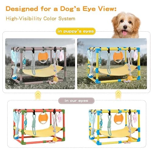 Keaber Puppy Play Gym with 8 Hanging Toys, Jungle Playground Gym for Small Dogs, PVC Frame with Hammock and Funny Enrichment Toys (23x17x17in) thumbnail 5