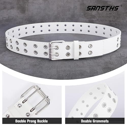 SANSTHS Women Double Grommet Studded Belts, Black Leather Belt for Women Men Punk belt thumbnail 5