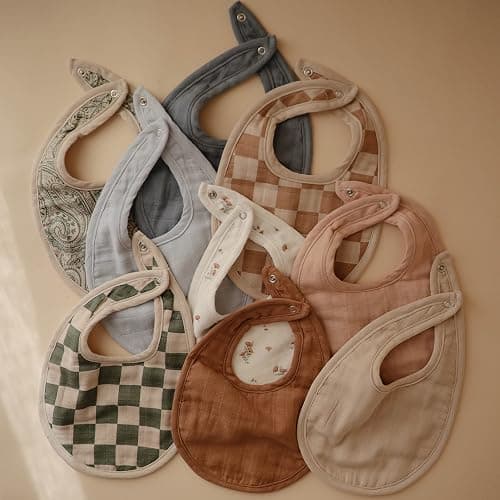 mushie Muslin Baby Bib | Soft Cotton for Infant Drips, Drools & Feedings | Adjustable Fit | 2 Pack - Olive Check/Natural Check thumbnail 7