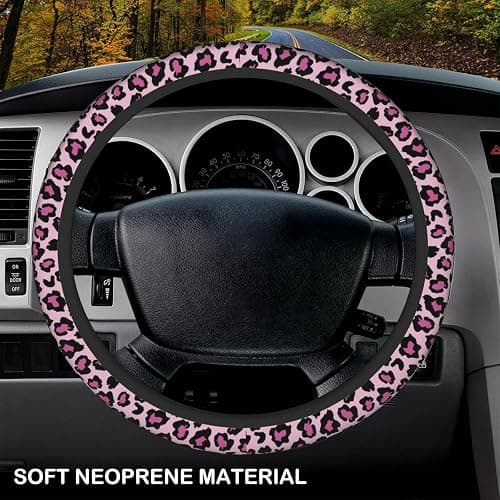 Pink Leopard Print Elastic Steering Wheel Cover, Non-Slip Breathable Neoprene Steering Wheel Covers, Women Pink Car Accessories, Universal 15 Inch Fit Auto, Suvs, Truck thumbnail 3