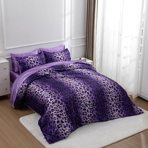 A Nice Night Leopard Printed，Satin Silky Soft Quilt Sexy Luxury Super Soft Microfiber Comforter Quilt Bedding Comforter Set Full/Queen, Light Weighted (Purple, Queen(88-by-88-inches)) thumbnail 3