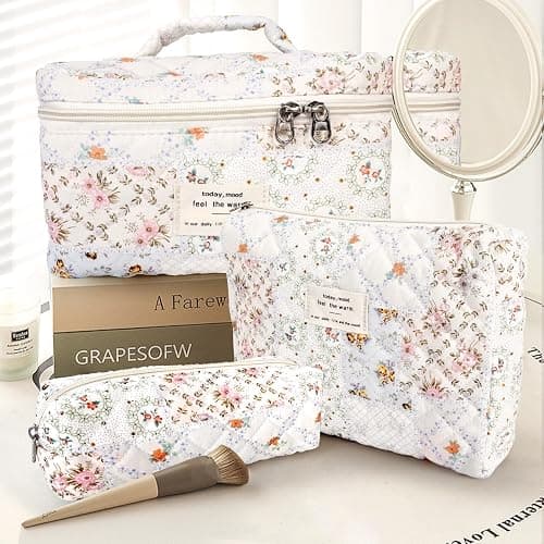 GISMTR 3Pcs Cotton Quilted Makeup Bag Large Travel Cosmetic Bag Coquette Makeup Pouch Cute Aesthetic Floral Toiletry Bag for Women Girls (flower-U) - flower-U thumbnail 7