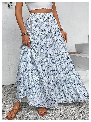 Floerns Girl's Floral Maxi Skirt Elastic Waist Tiered Ruffle Hem Summer A Line Skirts thumbnail 3