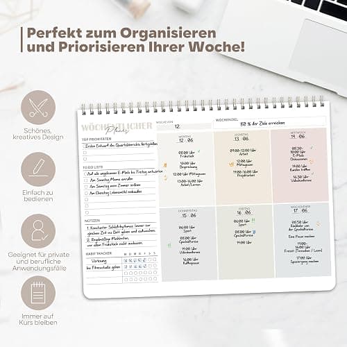Wochenplaner Block A4 ohne festes Datum, 50 Seiten Weekly Planner, Schreibtischunterlage mit To Do Liste, Spiral-Wochenkalender Wochen Planer mit Wochenübersicht&Habit-Tracker für Termine, Aufgaben thumbnail 4