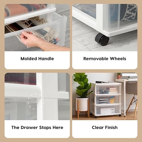 IRIS USA Plastic Drawer Storage Organizer Rolling Cart, with Wheels Casters, 3-Drawers, for Art Craft Supplies Bathroom Dorm Bedroom Laundry Room, Wide, White thumbnail 3