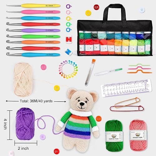 INSCRAFT 113 Piece Crochet Kit with Yarn Set– 1600 Yards Assorted Yarn for Knitting and Crochet, 73PCS Crochet Accessories Set Including Ergonomic Hooks, Knitting Needles & More Ideal Beginner Kit thumbnail 3