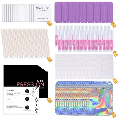 Press On Nail Tool Kit for Nail Business, Nail Prep Application Disposable Kit with Nail File, Nail Glue, Prep Pads, Instruction Card, Adhesive Nail Tabs, Wood Stick, Holographic Bag (50pcs in purple) - Image 1