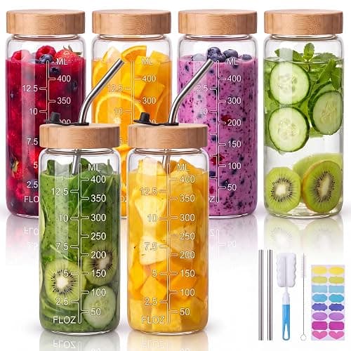 16 oz Round Glass Juice Bottles with Airtight Bamboo Lids, Reusable 6 Pack | Glass Drinking Bottles for Smoothies & Tea, Air Tight Juicing Jars for No Leak, Wide Mouth Easy to Fill & Clean, w/ Straws - Image 1
