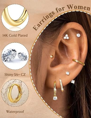 Jstyle Hypoallergenic 14K Gold Plated Stud Hoop Earrings for Women - Surgical Stainless Steel Earrings Trendy Small Hoops Cartilage Earring Stacks Huggie Earring Set for Multiple Piercing Jewelry thumbnail 3