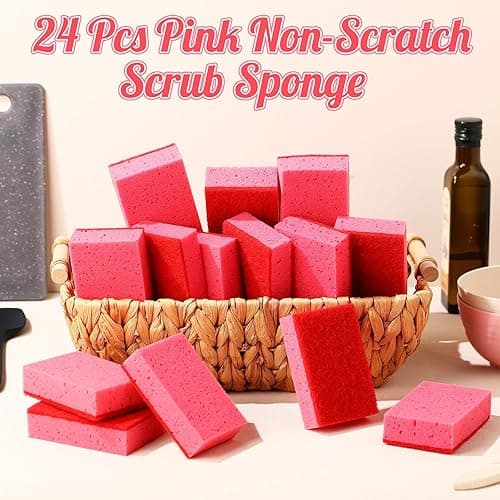 Tioncy 24 Pcs Pink Kitchen Sponge Non-Scratch Scrub Washing Dishes Sponge Bulk Multi Use Dual Sided Scrub for Kitchen Bathroom, Household Cleaning thumbnail 7