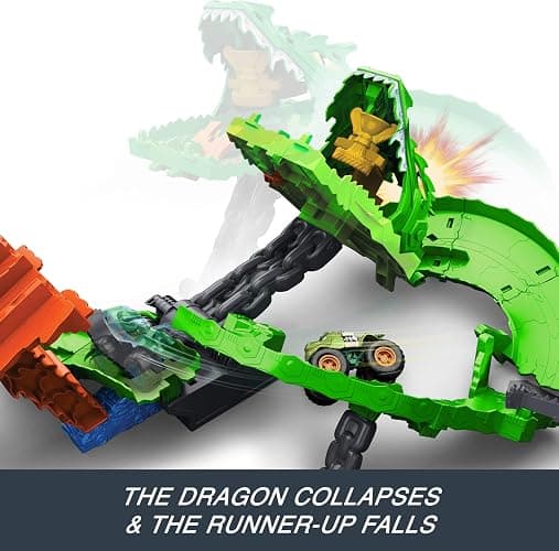 Hot Wheels Toy Monster Trucks, Sharks vs. Dinos Dragon Destruction Playset with 1:64 Scale Great Bite & Rageasaur, Race to Defeat The Cyborg Nemesis thumbnail 5