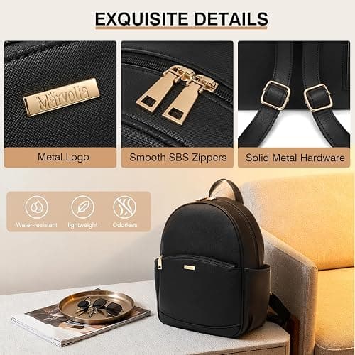 Marvolia Mini Backpack for Women - Leather Backpack Cute Backpacks with Multiple Pockets for Travel College Work - Black thumbnail 6