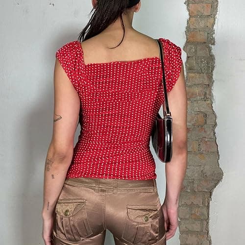 Women Fairy Grunge Shirt Summer Cap Sleeve Lace Up Polka Dot Milkmaid Tops Vinatge E-Girls Aesthetic Clothes thumbnail 4