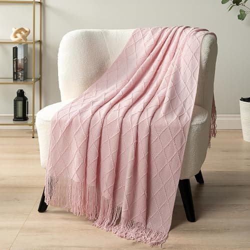 PAVILIA Light Pink Knit Throw Blanket, Soft Knitted Farmhouse, 50x60 | Lightweight Decorative Summer Fall Throw, Outdoor Textured Boho Blanket, For Couch Bed Sofa Chair Living Room Bedroom thumbnail 6