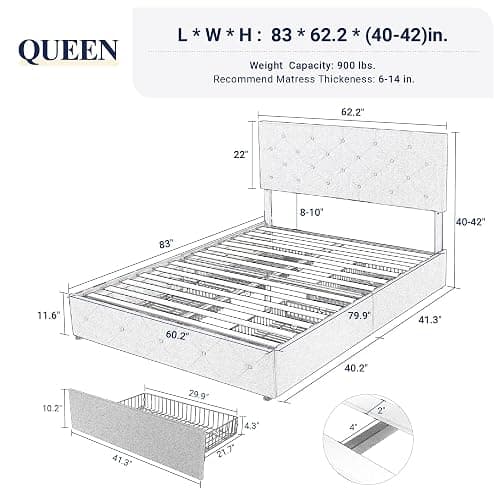 Allewie Upholstered Queen Size Platform Bed Frame with 4 Storage Drawers and Headboard, Diamond Stitched Button Tufted, Mattress Foundation with Wooden Slats Support, No Box Spring Needed, Beige thumbnail 2