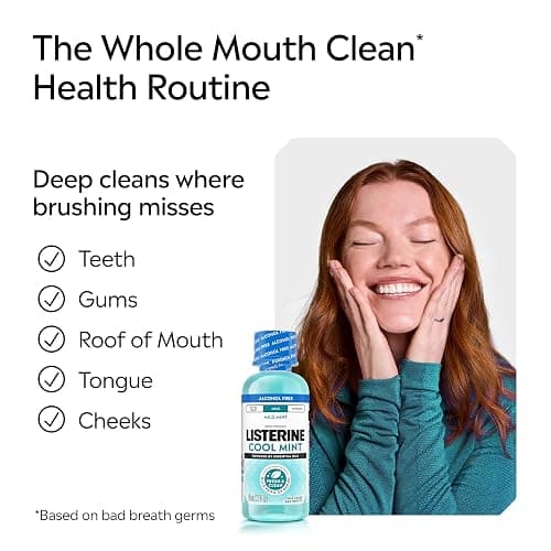 Listerine Cool Mint Alcohol-Free Mild Mouthwash, Oral Rinse Kills 99.9% of Germs that Cause Bad Breath, Less Intense Taste, Mild Mint Flavor, 3.2 fl. oz thumbnail 5