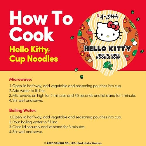 Hello Kitty Instant Ramen Noodle Cup | 6 Pack | Hot and Sour Flavor | Premium Microwaveable Ramen Soup Mix, Asian Snacks thumbnail 8