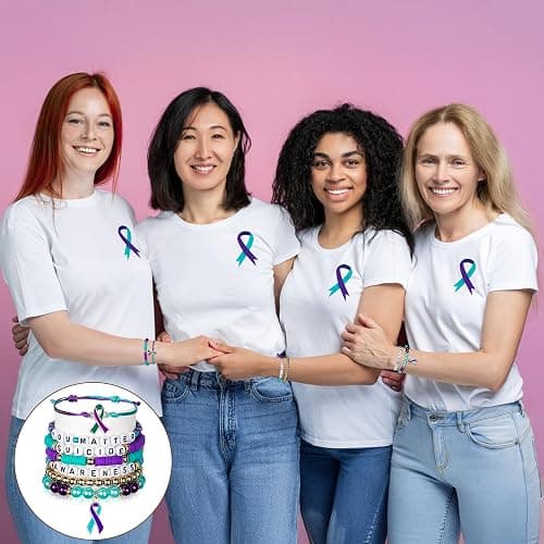 Y1tvei Suicide Awareness Bracelets Set- 7Pcs Suicide Prevention Awareness Colorful Clay Bead Surfer Bracelet with Purple Teal Ribbon Motivational Jewelry Gift for Suicide Mental Health Care Supplies thumbnail 5